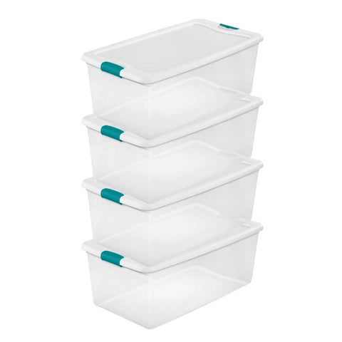 Slay Your Storage Goals With This Badass Set Of Plastic Latching Storage Bins Featuring Secure Snap Lids, Includes 106 Qt And 64 Qt Totes For Closet Decluttering, Garage Organization, And Keeping Bugs At Bay. Clear stacking storage bins with latching lids.