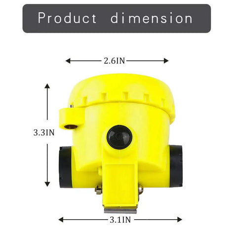 Rechargeable Safety Mining Headlamp With Dual Wearing Modes dimensions 2.6x3.1x3.3 inches, yellow color, front view
