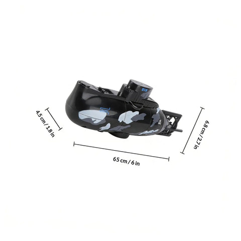 Remote Control Submarine Boat For Pool Fun, 6 Channel RC Sub With 360 Degree Spin, Static Dive To Depth, side view, dimensions shown.