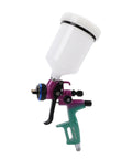 Real Deal HVLP Paint Sprayer Machine Delivering Smooth As Silk Atomization And No Sweat Adjustments For Furniture Coating And Auto Painting With Solid 600 Ml Aluminum Cup side view of spray gun with 600ml cup