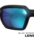 Close-up of Vision Type X Safety Glasses with blue mirror lens and lightweight frame, ideal for outdoor work protection.