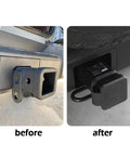 Before and after installing 2 Inch Trailer Hitch Cover Rubber Dust Cap For 2x2 Receiver on a vehicle