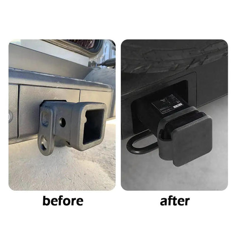 Before and after installing 2 Inch Trailer Hitch Cover Rubber Dust Cap For 2x2 Receiver on a vehicle