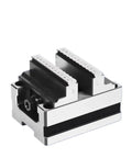 Heavy Duty Self Centering Cnc Vise With Killer Grip And Slick Four Turn Table Fixture For Locking Round Pipes Tight, showing steel jaws.