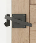 Double Sided Gate Latch For Right Inswing Gates, Self Locking, Handles On Both Sides, Black Finish, Easy Spring Loaded Privacy Lock installed on wooden gate