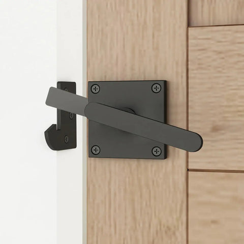 Double Sided Gate Latch For Right Inswing Gates, Self Locking, Handles On Both Sides, Black Finish, Easy Spring Loaded Privacy Lock installed on wooden gate