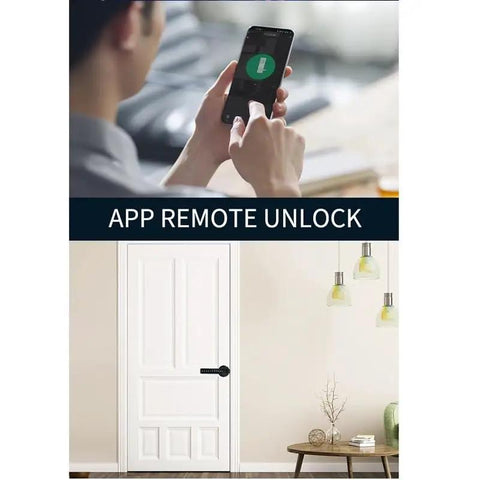 Slick Smart Door Lock Handle Featuring Quick Match Fingerprint And Private Code Remote Unlock Keyless Entry For House Doors Next Level Electronic Security Totally Legit, shown with mobile app unlocking.