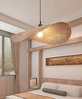 Vintage Wooden Lotus Leaf Pendant Light With Bamboo Shade Rustic Suspension Chandelier in cozy bedroom setting