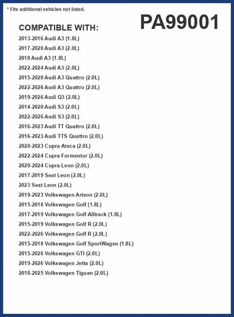 Compatibility list for High-Flow Engine Air Filter For 2018-2024 VW Tiguan, 2019-2025 Audi Q3, 2015-2024 VW GTI, and similar models