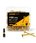 Weatherproof Tan Wood Screws For Outdoor Decks And Fences One And One Half Inch No Eight Deck Screws 155 Piece Pack Rust Resistant Epoxy Coated With T25 Torx Bit Included Built To Last, shown in a clear plastic box with loose screws and a T25 Torx bit.
