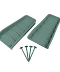 No Fuss Heavy Duty Downspout Splash Blocks To Keep Your Foundation Squeaky Clean And Divert Yard Water Fast Thick Polyethylene Rain Gutter Extensions With Heavy Gauge Ground Spikes For Reliable Drainage Super Tough Green Two Pack showing two splash blocks and four spikes.