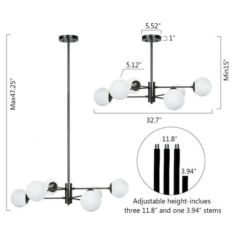 Diagram of Six Light Sputnik Chandelier In Matte Black With Globe Glass Shades, adjustable height stems shown, 32.7-inch span.