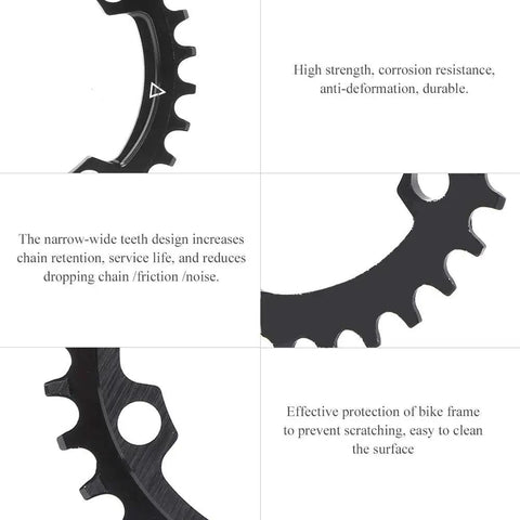 Close-up of 96 BCD Narrow Wide Mountain Bike Chainring 34T Aluminum Alloy with round teeth and highlighted features text overlay.