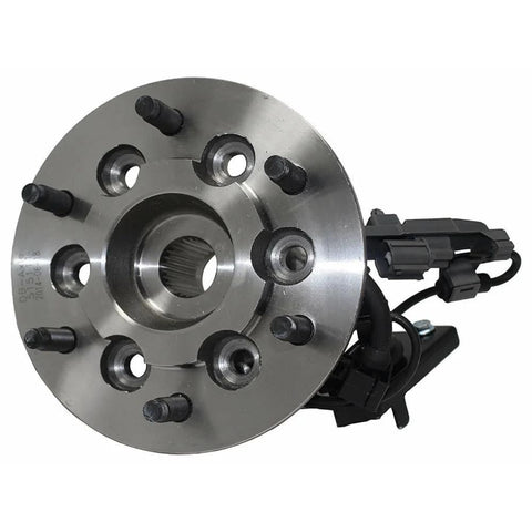 Front view of Wheel Hub and Bearing Assembly with Front Right Passenger Side ABS Sensor Polished Protected Steel 6 Lug 4WD.