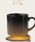 Solidly Built Wireless Charging Mug Warmer And Desk Phone Base With Auto Shut Off Keeps Your Morning Brew Piping Hot While You Charge On The Fly In Classic Black with warm cup display at 55°C.