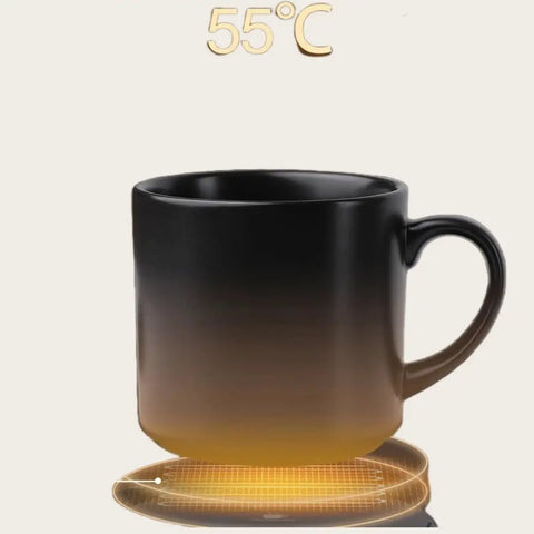 Solidly Built Wireless Charging Mug Warmer And Desk Phone Base With Auto Shut Off Keeps Your Morning Brew Piping Hot While You Charge On The Fly In Classic Black with warm cup display at 55°C.