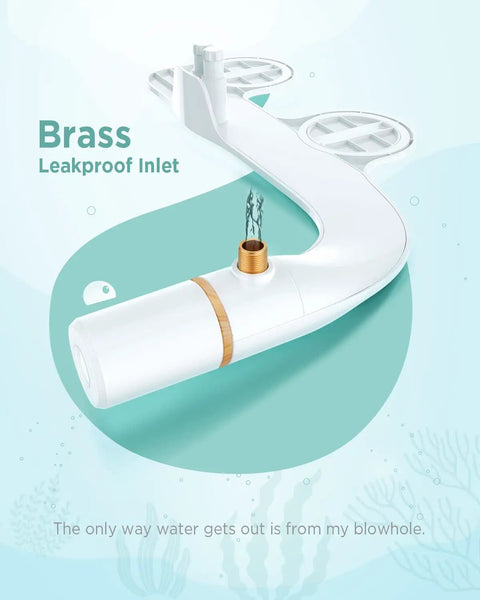 Ultra Slim Bidet Attachment For Toilet With Dual Nozzles For Feminine And Posterior Wash No Electric Sprayer Adjustable Water Pressure Easy Install Bamboo And White Finish showing brass inlet