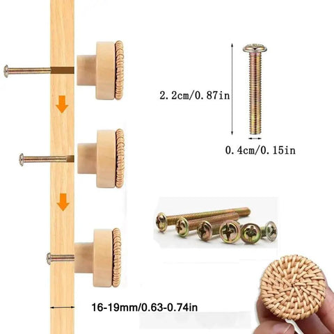 Six Piece Boho Rattan Wood Dresser Knob Set For Cabinets And Drawers Natural Finish Durable 1.57 Inch Diameter And 1.18 Inch Height Fits 16 To 19mm Door Panels Adds Warm Modern Country Chic Look No Sweat Install, wood rattan knob with screw