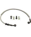 Heavy Duty Stainless Braided Hydraulic Brake Hose Line 550mm 21.6 Inches With M10 Banjo Bolts Two Angles 28 Degree And 90 Degree For Pit Quad Dirt Bike ATV Go Kart Off Road, shown with hardware components.