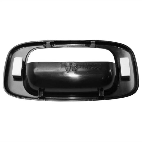 Top-down view of black textured plastic tailgate handle bezel replacement for 1999-2007 Silverado/Sierra rear exterior
