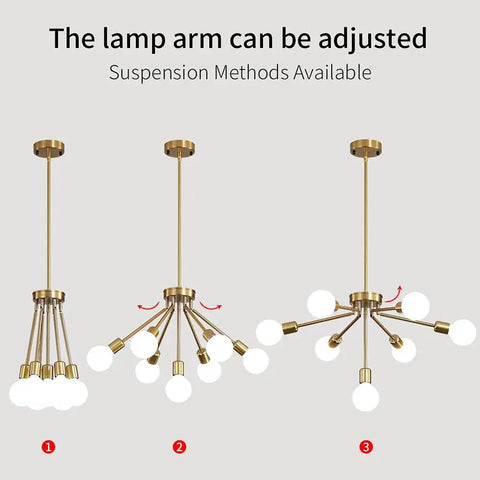 Gold Sputnik 7-Light Modern Pendant Chandelier With Deformable Arms, Adjustable Height Ceiling Fixture suspension options