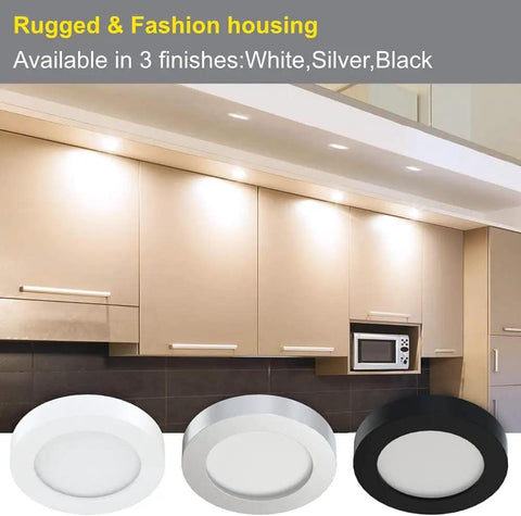 Under Cabinet Lighting Kit Plug In With Touch Dimmer, Slim Recessed Or Surface Mount Black Puck Lights in modern kitchen