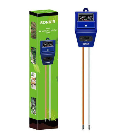 3 In 1 Soil Moisture Light And PH Tester For Garden And Lawn Easy No Fuss Plant Care Tool displayed with packaging