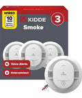Hardwired Smoke Detector With 10 Year Battery Backup And Loud Voice Fire Alert For Houses 120 Volt Plug And Play Wiring 3 Pack, showing three units and packaging.