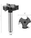 Heavy Duty Spoilboard Surfacing Router Bit With One Quarter Inch Shank And One Inch Cutting Diameter Three Wing Carbide Cutter For Surface Flattening Slabs And Wood Planing Projects With Durable Alloy Steel Body And Teflon Coated Tips, showing size dimensions and carbide cutter close-up.