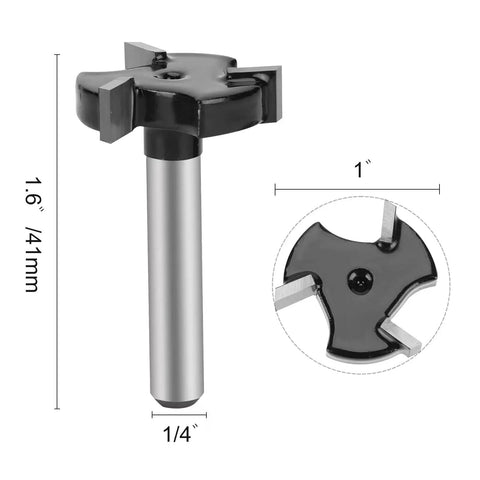 Heavy Duty Spoilboard Surfacing Router Bit With One Quarter Inch Shank And One Inch Cutting Diameter Three Wing Carbide Cutter For Surface Flattening Slabs And Wood Planing Projects With Durable Alloy Steel Body And Teflon Coated Tips, showing size dimensions and carbide cutter close-up.