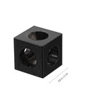 Four Pack Aluminum Extrusion Corner Brackets for 3D Printer Frames Cube Slot Connectors, shown in black cubic form, 0.8in/2cm size