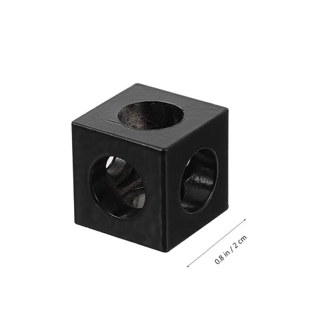 Four Pack Aluminum Extrusion Corner Brackets for 3D Printer Frames Cube Slot Connectors, shown in black cubic form, 0.8in/2cm size