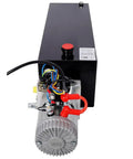 Yaton 12V Hydraulic Power Unit With 15 Quart Steel Reservoir 2.2kW DC Motor Pump top view showing pump and steel tank connections.