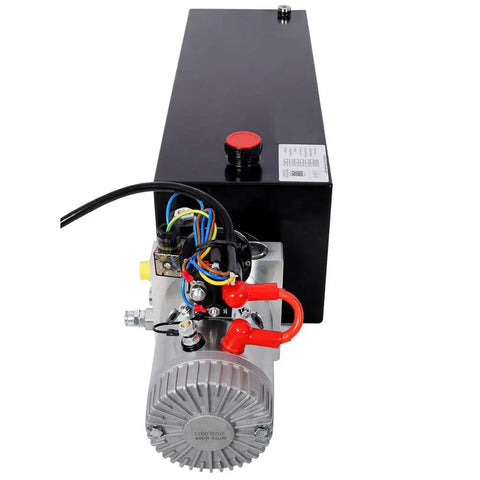 Yaton 12V Hydraulic Power Unit With 15 Quart Steel Reservoir 2.2kW DC Motor Pump top view showing pump and steel tank connections.