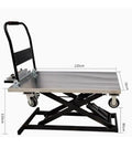 Slick Folding Boom Lift Handcart With Smooth Hydraulic Platform For Heavy Duty Warehouse And Construction Material Hauling, shown side view with dimensions.