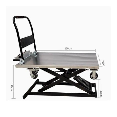 Slick Folding Boom Lift Handcart With Smooth Hydraulic Platform For Heavy Duty Warehouse And Construction Material Hauling, shown side view with dimensions.