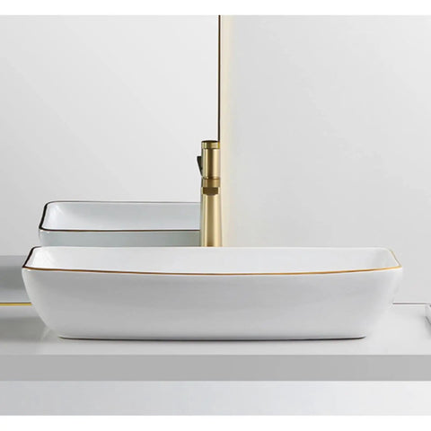 USZWBY Bathroom Vessel Sink Modern Ceramic Vessel Bowl Sink in Decor Golden Top Mount Bathroom Sinks Above Counter Rectangle Vanity Countertop Sink Bowl, WHI at an angle with a golden faucet.