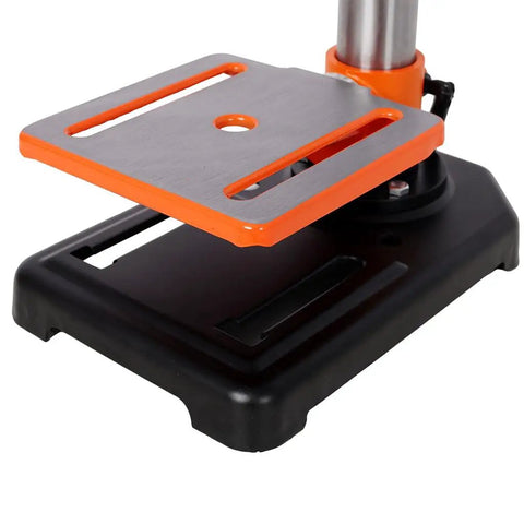 Compact tilting worktable of the Powerful 8-Inch Benchtop Drill Press With Laser Precision Positioning for Wood and Metal.