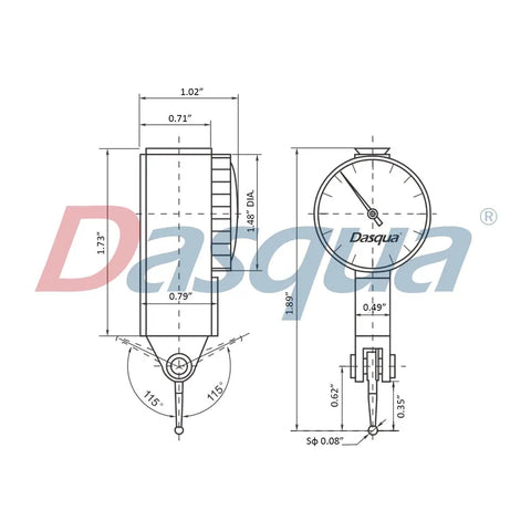 Technical drawing of a Large Face Dial Test Indicator For Precision Machining With 0 To.030 Inch Range And.0005 Inch Graduation.