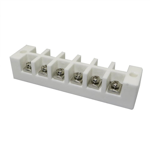 Side view of white six-position ceramic terminal block with screw terminals.