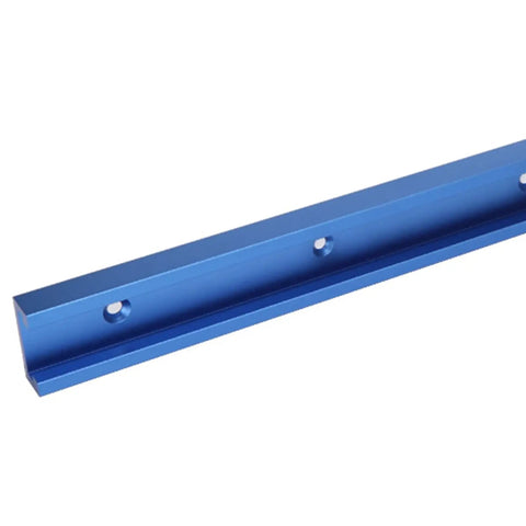 Close-up of 1000mm Aluminum T Track and T Slot Miter Track Jig for Woodworking Pros, anodized blue rail with pre-drilled holes.