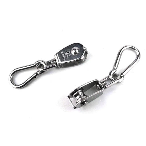 Two Pack Built Tough 304 Stainless Steel Single Pulley Block M15 For Wire Rope Cranes, 360 Degree Rotation, 80 Lb Load Capacity, Hanging Wire Towing Wheel With Spring Snap Hooks, 304 stainless pulley blocks with snap hooks