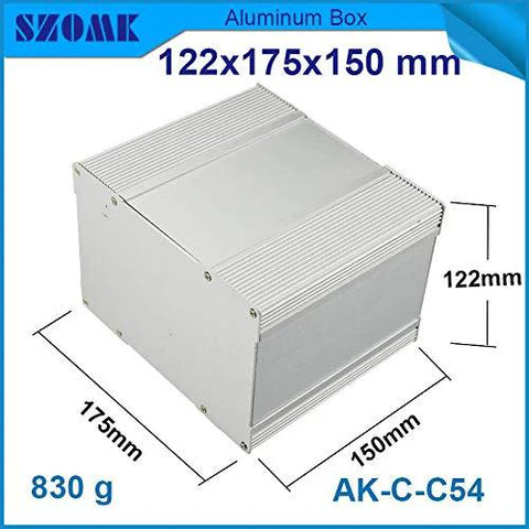 Front view of silver aluminum enclosure box with ribbed sides, 122x175x150 mm, 830 g