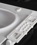 Close-up of Square Toilet Seat With Smooth As Butter Soft Close Slow Shut Lid Quick Release Hinges showing hinge mechanism.
