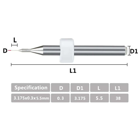 Carbide PCB Drill Bit Set, 20 Pieces, 0.3mm Mini CNC Drilling Bits dimensions and specifications chart.