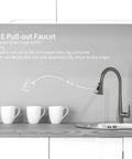 High Arc Single Handle Kitchen Faucet With Pull Down Sprayer In Matte Gray Stainless Steel next to white cups on countertop
