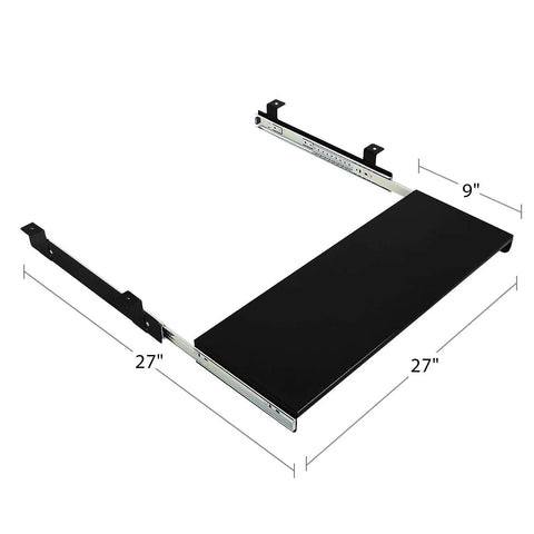Heavy Duty Under Desk Keyboard Tray With Slick Slide Out Mouse Pad Shelf, Solid 16 Gauge Steel Frame, Matte Black Finish, 27 inch size.