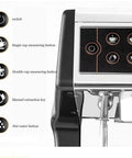 Game Changer On The Counter With This Silver Espresso Coffee Machine Pushing Bold Shots And Velvety Milk Froth With Zero Drama Using Rapid Heat System For Smooth Cappuccinos Anytime showing control panel with buttons.