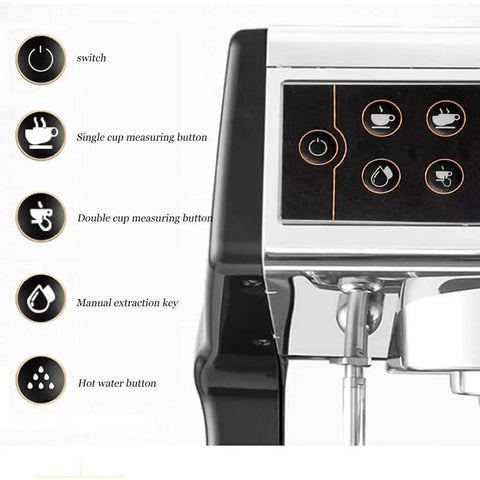 Game Changer On The Counter With This Silver Espresso Coffee Machine Pushing Bold Shots And Velvety Milk Froth With Zero Drama Using Rapid Heat System For Smooth Cappuccinos Anytime showing control panel with buttons.