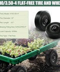 Flat Free 4.10/3.50-4 Tire And Wheel Set, Heavy Duty, 10 Inch Solid Wheel With 2.2 Inch Offset Hub, black tires on green cart